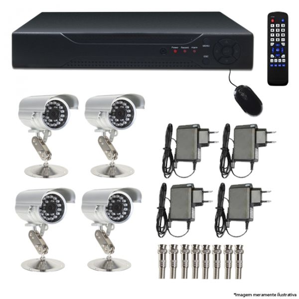 Kit CFTV DVR 4 Canais 120FPS + 4 Câm. Infravermelho CCD SO 25 Metros - Cod 687