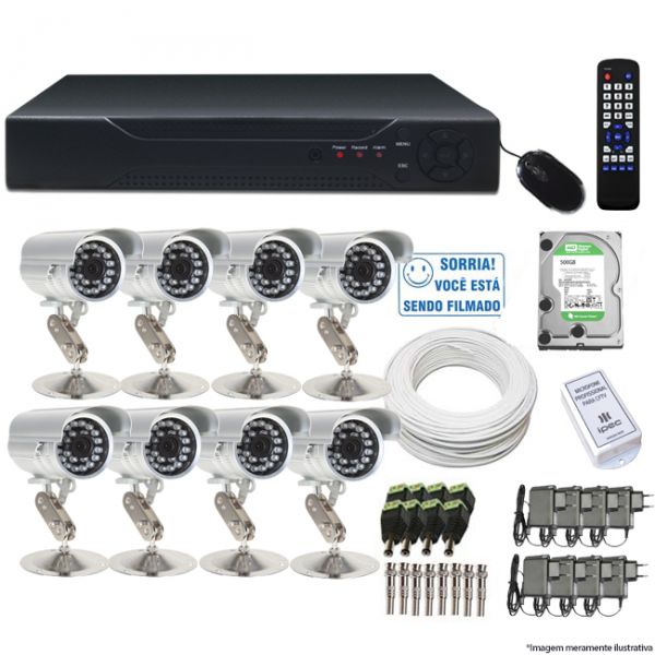 Kit CFTV 8 Câm. Infravermelho + HD 500GB DVR 16 Canais Com Áudio - Cod 1059